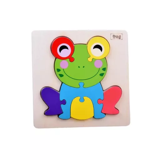 Fa 3D béka kirakó, Montessori fejlesztő puzzle, 7 elem, 14,5×14,5 cm