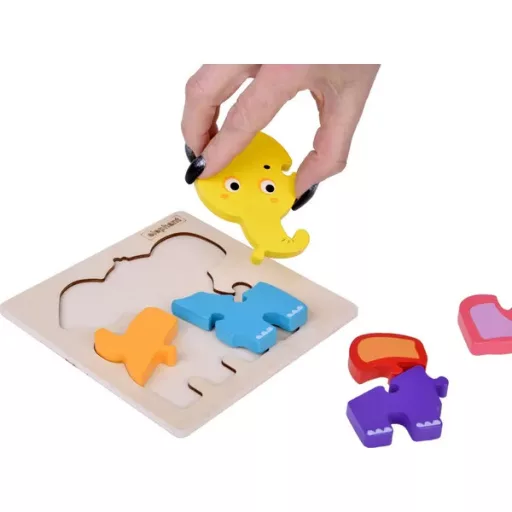 Színes elefánt fa kirakó, oktató puzzle, 6 db elem, 14,5×14,5 cm