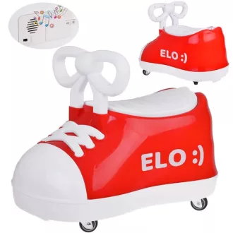   Piros sneaker formájú bébitaxi zenélő, 12 hó+, 20 kg teherbírás