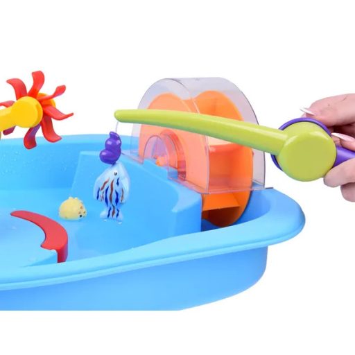 Kék vízijáték asztal vízkerékkel és horgász kiegészítőkkel, 59x48x19 cm