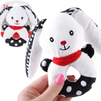 Kontrasztos plüss csörgő nyuszi sípolóval, 14 cm