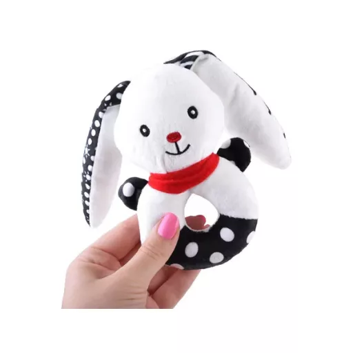 Kontrasztos plüss csörgő nyuszi sípolóval, 14 cm