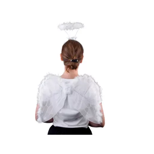 Gyermek fehér angyal jelmez szett szoknyával, szárnyakkal, glóriával