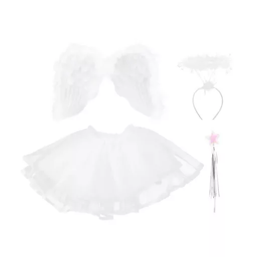 Gyermek fehér angyal jelmez szett szoknyával, szárnyakkal, glóriával