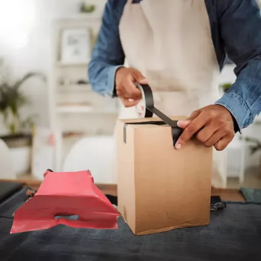 Piros LDPE futártasak füllel „Thank You” 310×420+70 mm, 50 db