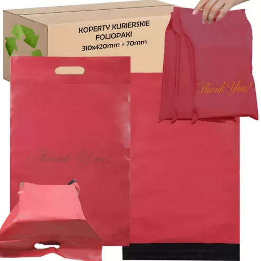 Piros LDPE futártasak füllel „Thank You” 310×420+70 mm, 50 db