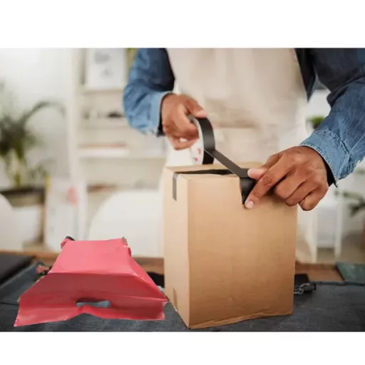 Piros LDPE futárfóliatasak fogantyúval 500×600+70 mm 50 db Thank You