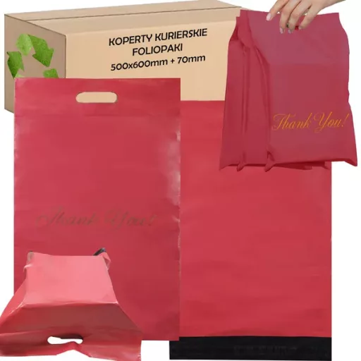 Piros LDPE futárfóliatasak fogantyúval 500×600+70 mm 50 db Thank You