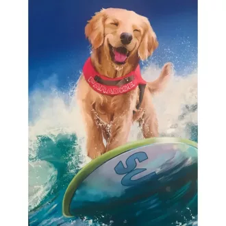   Gyémántszemes kirakó 5D szörfös kutya, komplett diamond painting 15×20 cm