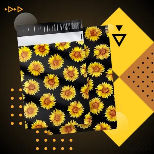 Fekete futárfóliatasak napraforgó mintával 255×370 mm, 50 db