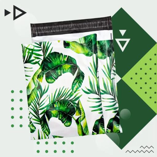 Erős futár politasakok zöld levél mintával, 255×370 mm, 50 db