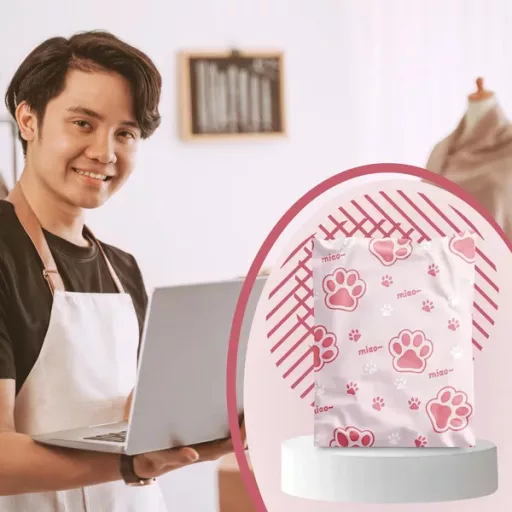 Rózsaszín macskamancs mintás futárfóliatasak 320×450 mm – 50 db