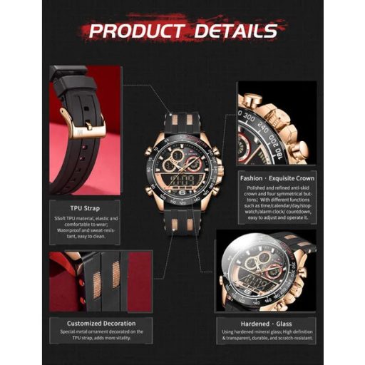 NAVIFORCE férfi karóra NF9188T, fekete-rosegold, szilikon szíj, WR30