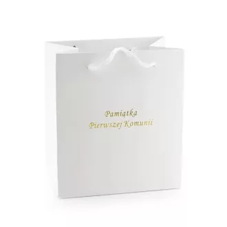   Ajándéktasak „Elsőáldozási emlék” felirattal, fehér, 10×16×18 cm
