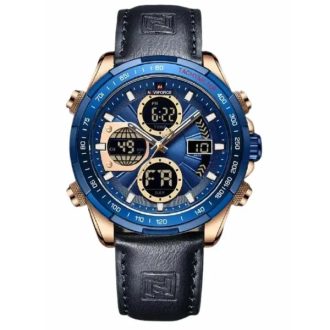   Naviforce férfi kvarc karóra, kék számlap, bőr szíj, ébresztő