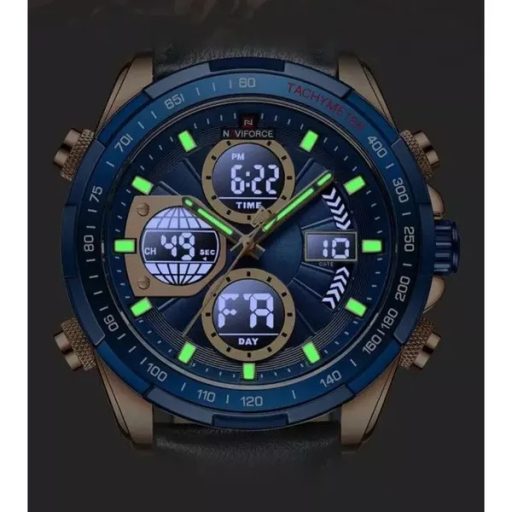 Naviforce férfi kvarc karóra, kék számlap, bőr szíj, ébresztő