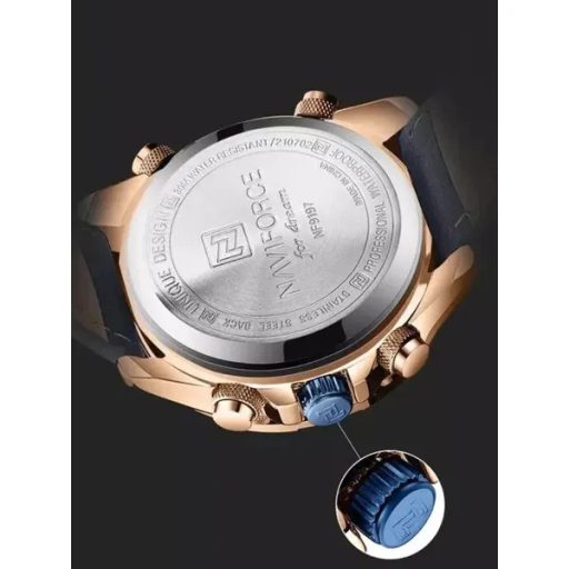 Naviforce férfi kvarc karóra, kék számlap, bőr szíj, ébresztő