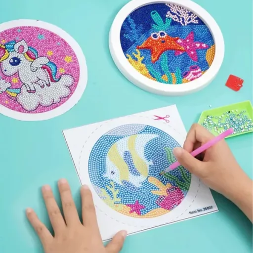 Gyémántszemes mozaikkép készlet, 20×20 cm, kerek keret, gyerekeknek