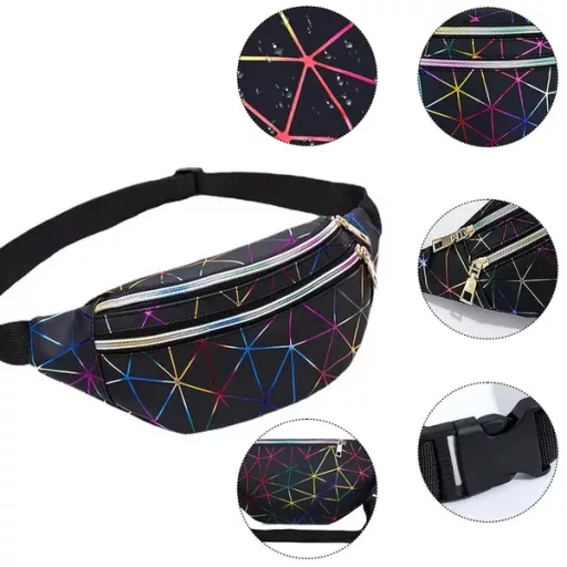 Unisex fekete övtáska, 3 cipzáras rekesz, állítható pánt, eco bőr