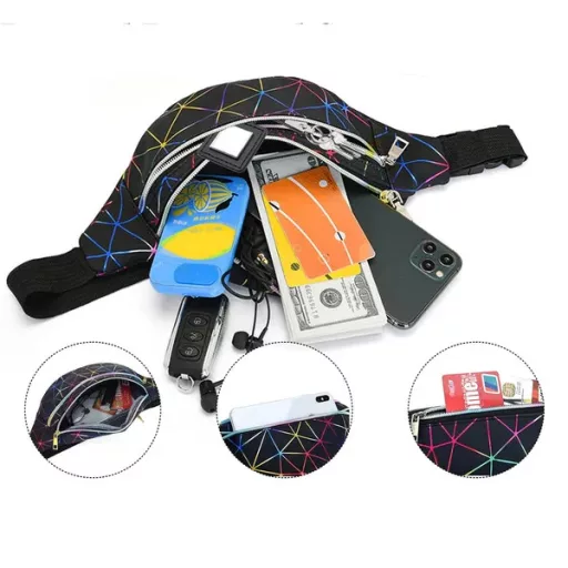 Unisex fekete övtáska, 3 cipzáras rekesz, állítható pánt, eco bőr