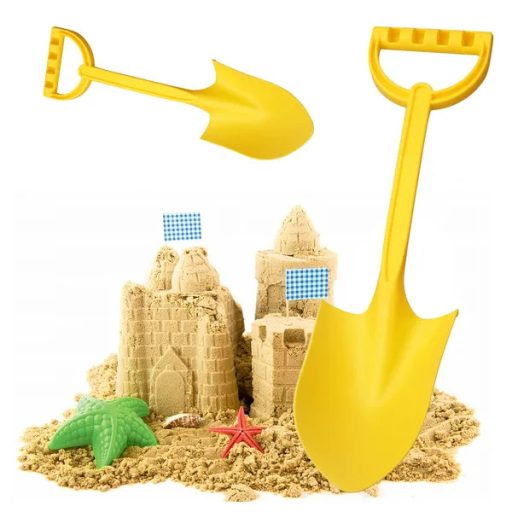 Nagy műanyag homoklapát gyerekeknek, fa nyéllel, sárga, 51 cm