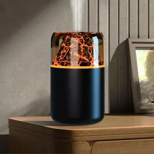 Aromaterápiás LED ultrahangos párásító tűzhatású vulkán dizájnnal, USB