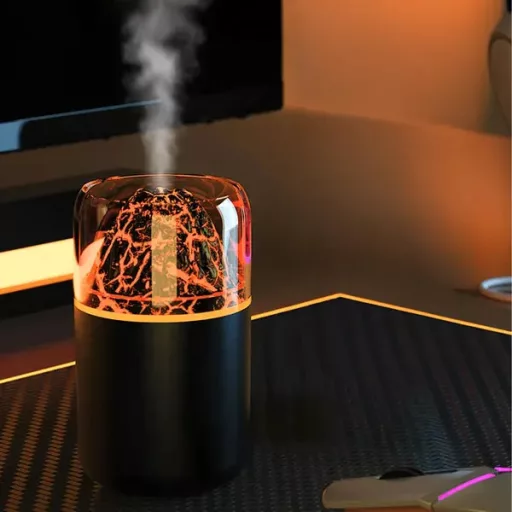 Aromaterápiás LED ultrahangos párásító tűzhatású vulkán dizájnnal, USB