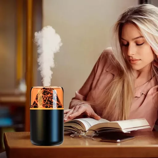 Aromaterápiás LED ultrahangos párásító tűzhatású vulkán dizájnnal, USB