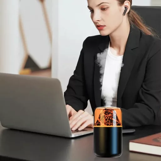Aromaterápiás LED ultrahangos párásító tűzhatású vulkán dizájnnal, USB