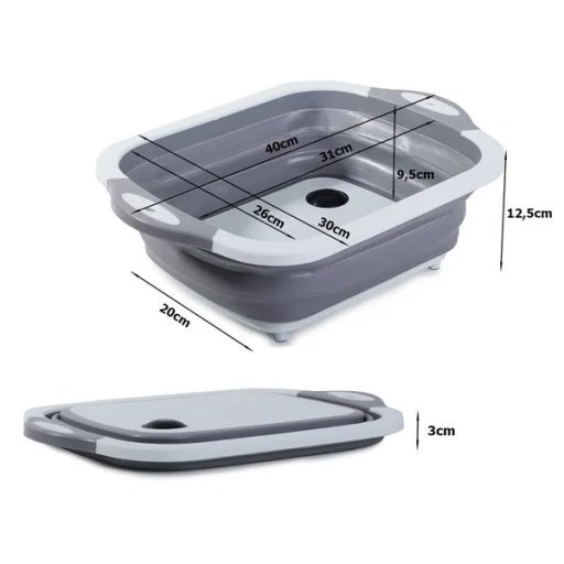 Összecsukható szilikon mosogatótál és vágódeszka leeresztővel, 5 l