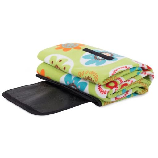 Összecsukható piknik takaró 150×200 cm, vízálló, fogantyús, zöld virágos