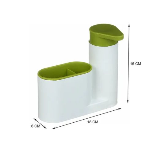 Fehér-zöld mosogatószer-adagoló és szivacstartó, 18×6×16 cm