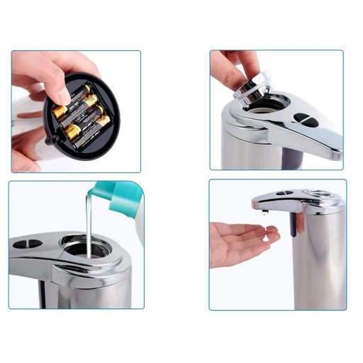 Érintésmentes automata folyékonyszappan adagoló, 200 ml, 10.5cm x 19cm x 7.2cm, ezüst szín