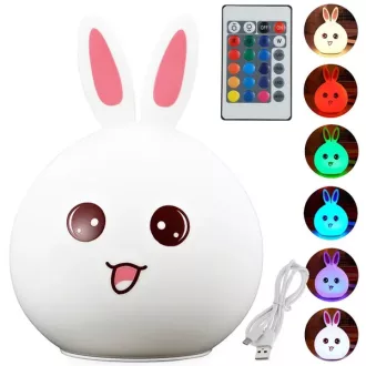   LED nyuszi éjszakai fény RGB, USB tölthető, távirányítós, szilikon, 15,5 cm