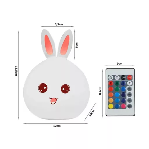 LED nyuszi éjszakai fény RGB, USB tölthető, távirányítós, szilikon, 15,5 cm