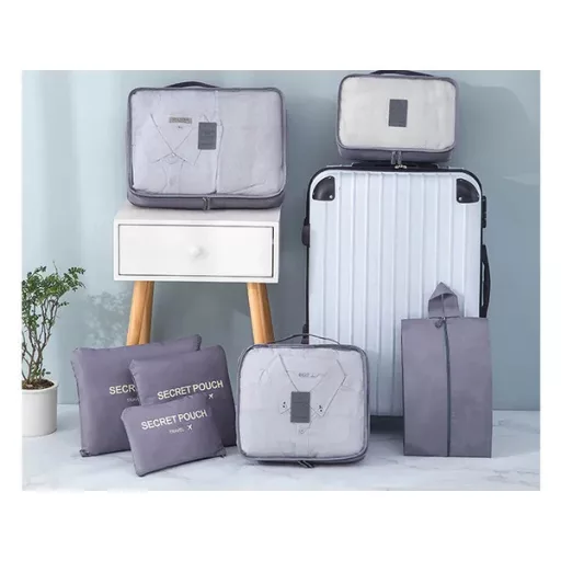 Utazási rendszerező táska szett, 6 db, szürke, hálós cipzáras
