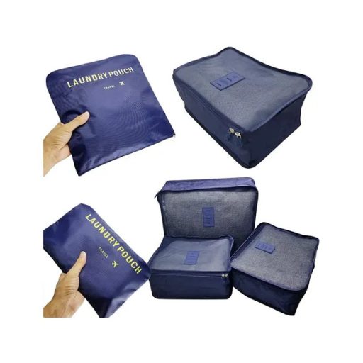 6 részes sötétkék utazási rendező szett, hálós pakoló kockák cipzáras zsákok
