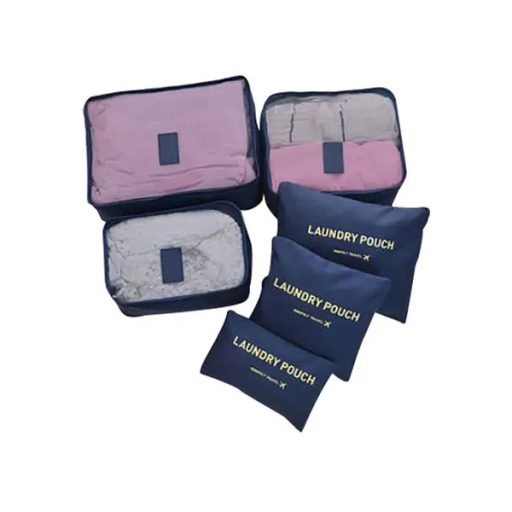 6 részes sötétkék utazási rendező szett, hálós pakoló kockák cipzáras zsákok