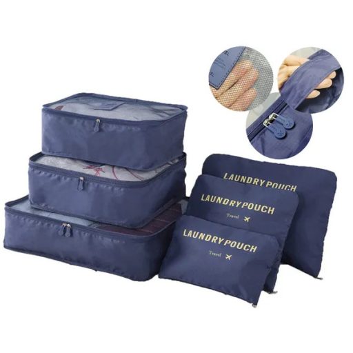 6 részes sötétkék utazási rendező szett, hálós pakoló kockák cipzáras zsákok
