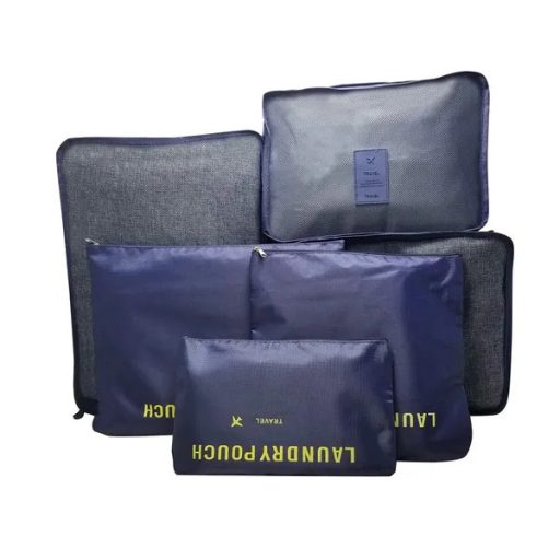 6 részes sötétkék utazási rendező szett, hálós pakoló kockák cipzáras zsákok