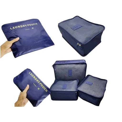 6 részes sötétkék utazási rendező szett, hálós pakoló kockák cipzáras zsákok