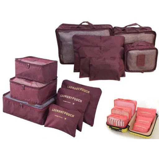 Utazási rendszerező táska szett 6 db, bordó, hálós-cipzáras
