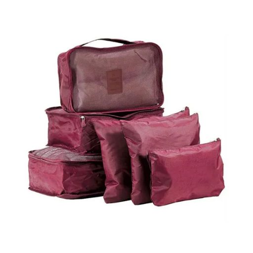 Utazási rendszerező táska szett 6 db, bordó, hálós-cipzáras