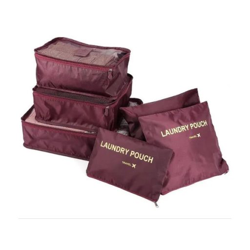 Utazási rendszerező táska szett 6 db, bordó, hálós-cipzáras