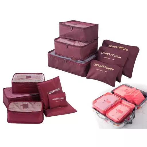 Utazási rendszerező táska szett 6 db, bordó, hálós-cipzáras