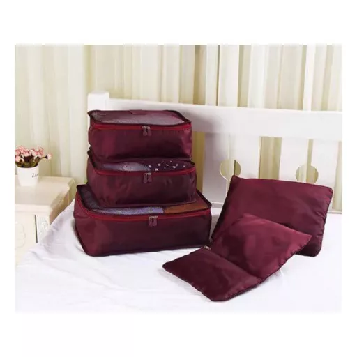 Utazási rendszerező táska szett 6 db, bordó, hálós-cipzáras
