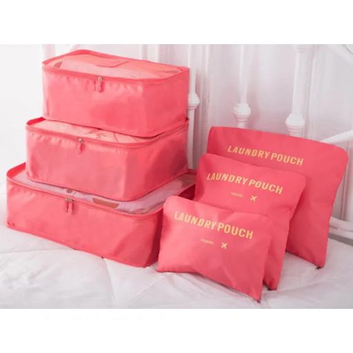 6 részes lazac színű utazó rendszerező és mosózsák szett cipzáras, hálós