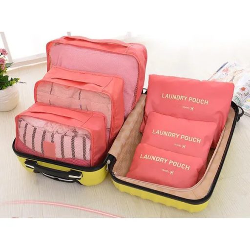 6 részes lazac színű utazó rendszerező és mosózsák szett cipzáras, hálós