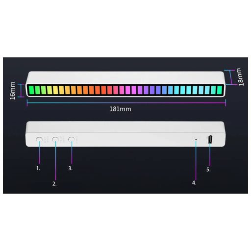 Többszínű RGB LED neoncsík beépített akkumulátorral, 18 különböző fénymóddal, USB-C tápellátás, 181mm x 16mm x 18mm, fekete/fehér színben