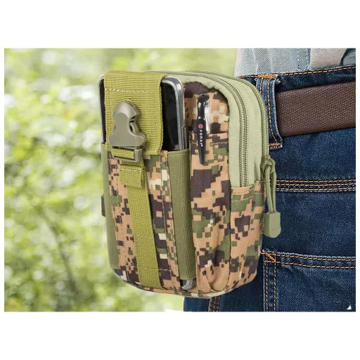 Többzsebes övtáska, vízlepergető, 18x12x6 cm, pixeles katonai álcaszínű